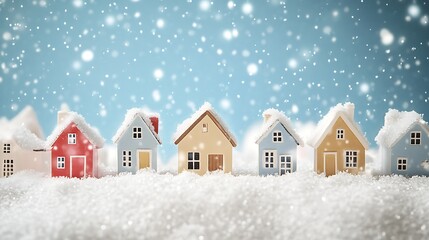 Fototapeta premium Tiny houses in a snow-filled winter wonderland, creating a cozy and peaceful scene with snow gently falling from the sky