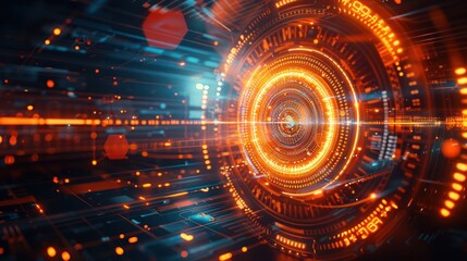 Fototapeta premium A futuristic digital interface with glowing orange elements and dynamic lines.