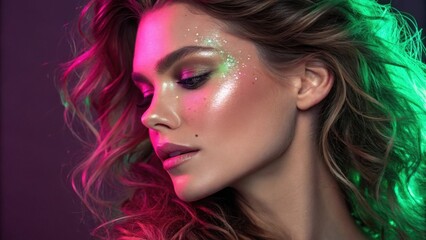 Fototapeta premium An artistic portrait of a woman displaying glitter highlights on her cheekbones framed by cascading waves of hair. Neon pink and green lights illuminate her face enhancing the