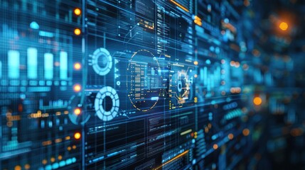 Obraz premium A digital interface displaying data visualization and analytics in a futuristic design.