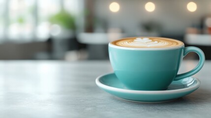 Obraz premium Morning Coffee Break: Teal Latte Art in a Cozy Cafe