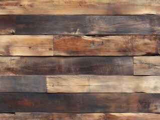 Naklejka premium Aged wood texture with a rough surface and deep grain lines in various shades of brown and black, showcasing natural imperfections and rustic characteristics.