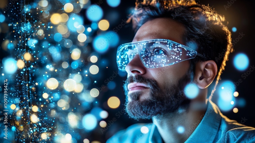 Aufkleber male scientist wearing safety goggles working in a laboratory with glowing data displays symbolizing