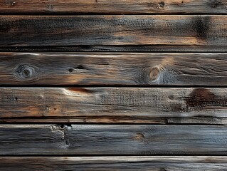 Obraz premium Aged wood texture with a rough surface and deep grain lines in various shades of brown and black, showcasing natural imperfections and rustic characteristics.