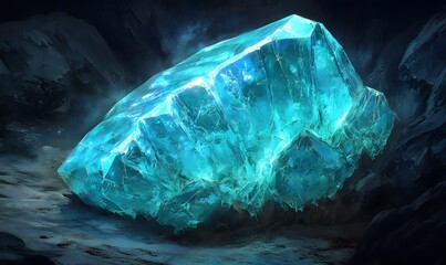 Fototapeta premium Glowing cyan crystal rests on dark rocks.