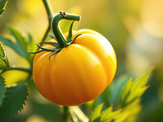 Close-up of yellow tomato bloom against green leaves, fresh, close up