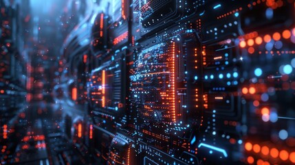 A futuristic digital landscape with glowing circuits and data streams.