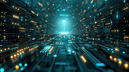 Fototapeta premium A futuristic digital landscape with glowing circuits and lights creating a tunnel effect.
