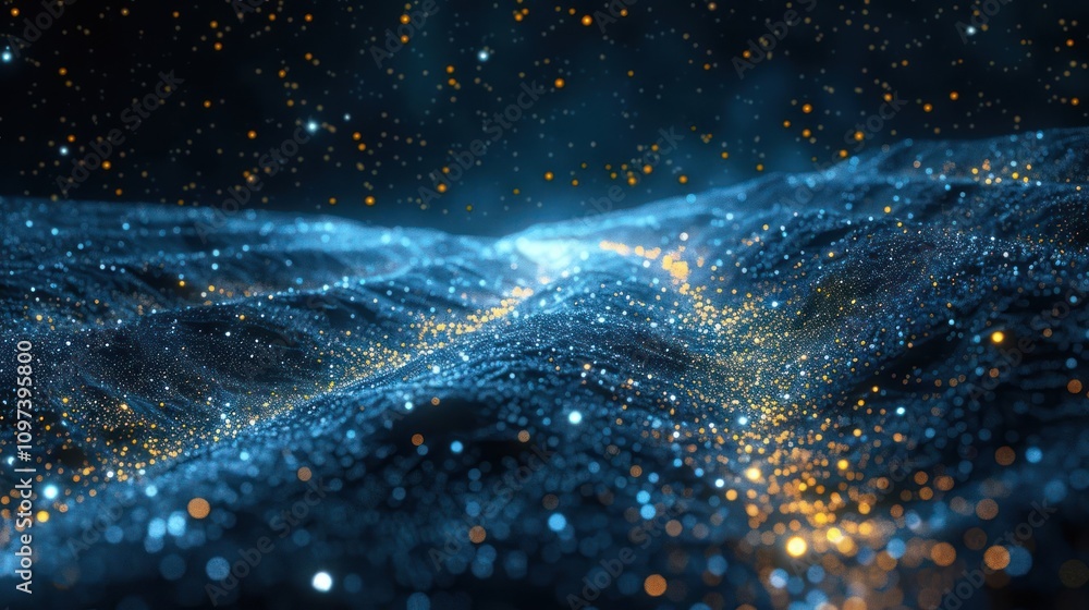 Poster a mesmerizing digital representation of a cosmic landscape filled with sparkling particles.