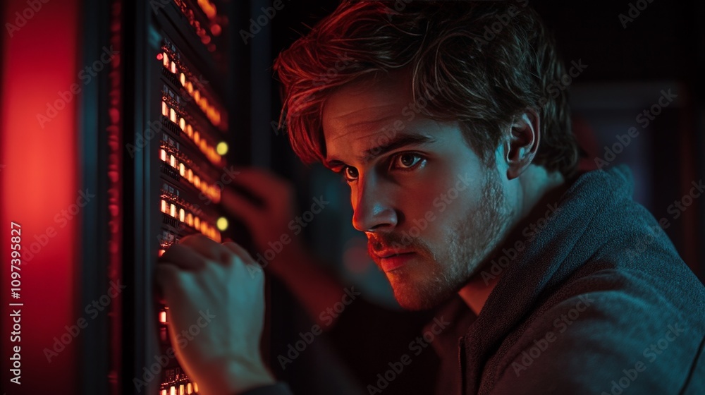 Poster young technician adjusting data cables in a brightly lit server room emphasizing focus networking sk