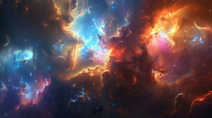 Naklejka premium A vibrant cosmic scene depicting colorful nebulae in deep space.