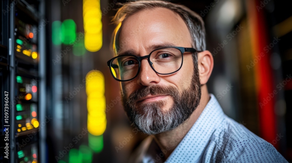 Poster male it manager with glasses standing in a glowing server room symbolizing leadership expertise and 