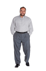 single Arab Egyptian man with a happy face hands in the pocket walking , isolated on white