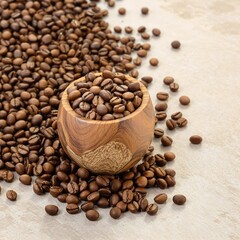Fototapeta premium Coffee beans in a wooden cup with a subtle background texture , texture, cup, subtle, background, wooden