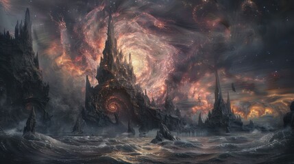 Naklejka premium A surreal cosmic landscape featuring towering structures and swirling galaxies.