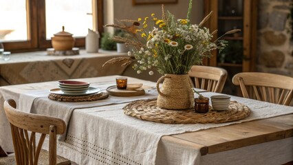 Textured linens and rustic centerpieces such as a simple vase filled with wildflowers adorn the dining table contributing to the inviting and comfortable nature of the space.
