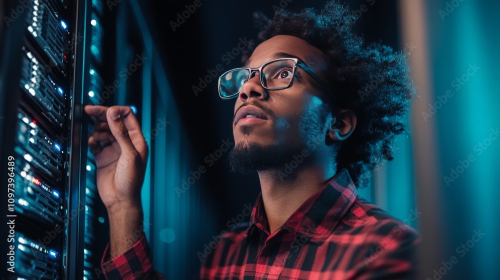 Poster engaged man in glasses working in a dark server room illuminated by neon lights symbolizing dedicati