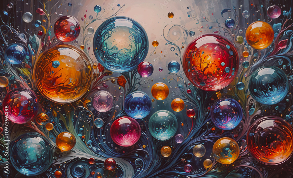 Poster A colorful painting of many different colored spheres. The spheres are arranged in a way that creates a sense of movement and depth. The painting is full of life and energy