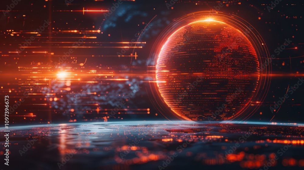 Poster a futuristic depiction of a glowing planet with dynamic light effects in space.