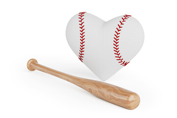 Baseball Ball in Shape of Heart and Wooden Bat. 3d Rendering