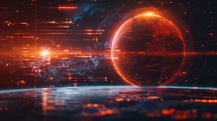 A futuristic depiction of a glowing planet with dynamic light effects in space.