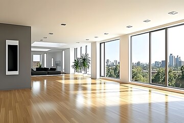 Spacious modern interior with large windows revealing a cityscape.