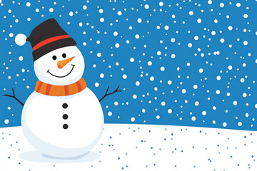 Illustration of a snowman wearing a black hat and orange scarf, standing amidst falling snowflakes on a bright blue background, winter