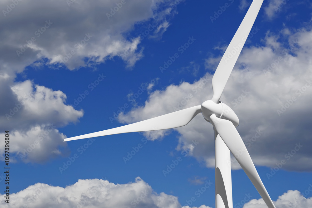 Poster alternative energy concept. wind turbine windmill rotating on a sky. 3d rendering