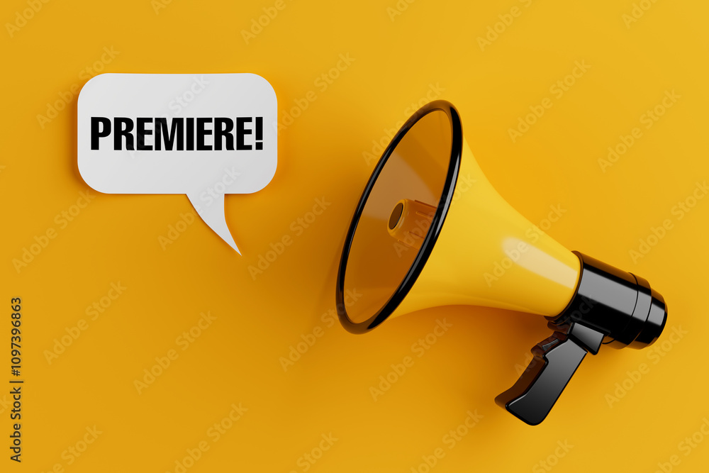 Aufkleber Yellow Megaphone with Premiere Sign Speech Clouds Chat Bubble. 3d Rendering