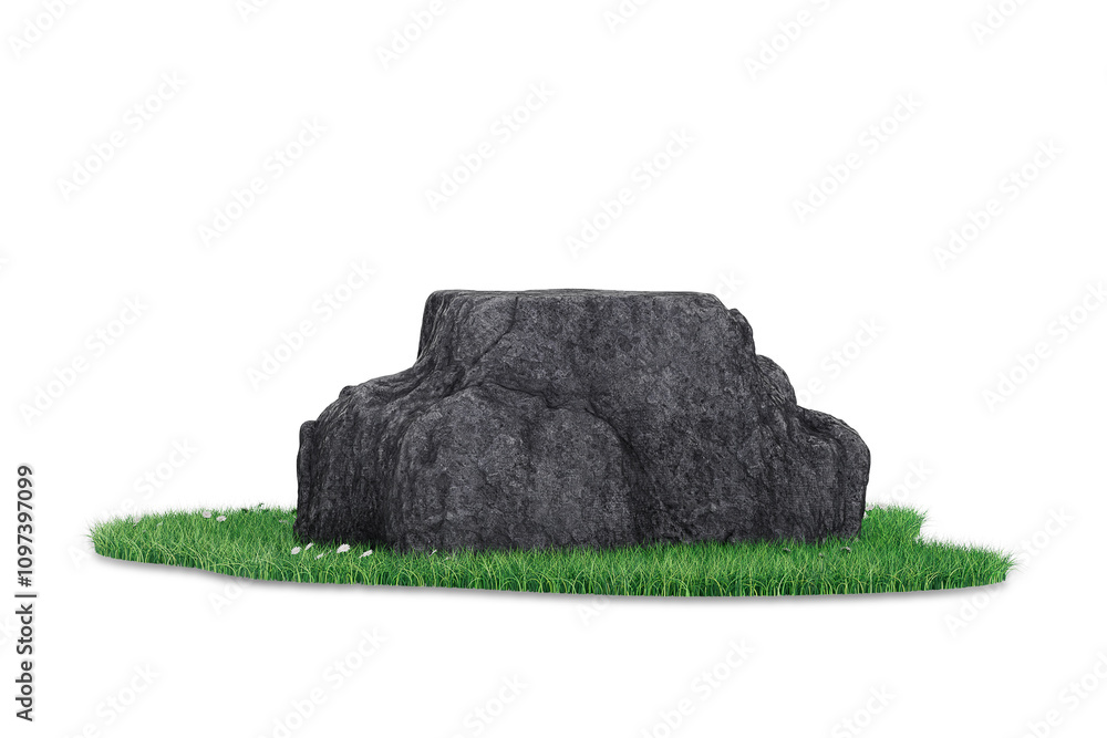 Poster black stone promotion product display podium with green grass patch. 3d rendering