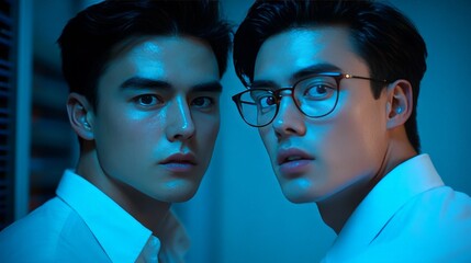 Twin men in a tech themed room with neon lighting looking serious and thoughtful evoking themes of teamwork digital duality and futuristic innovation in a cyber focused setting