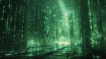 Obraz premium A futuristic digital landscape with green glowing structures and a mysterious ambiance.
