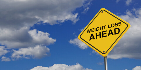 Fitness Concept. Weight Loss Ahead Road Sign on a Sky Background. 3d Rendering