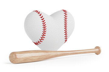 Baseball Ball in Shape of Heart and Wooden Bat. 3d Rendering