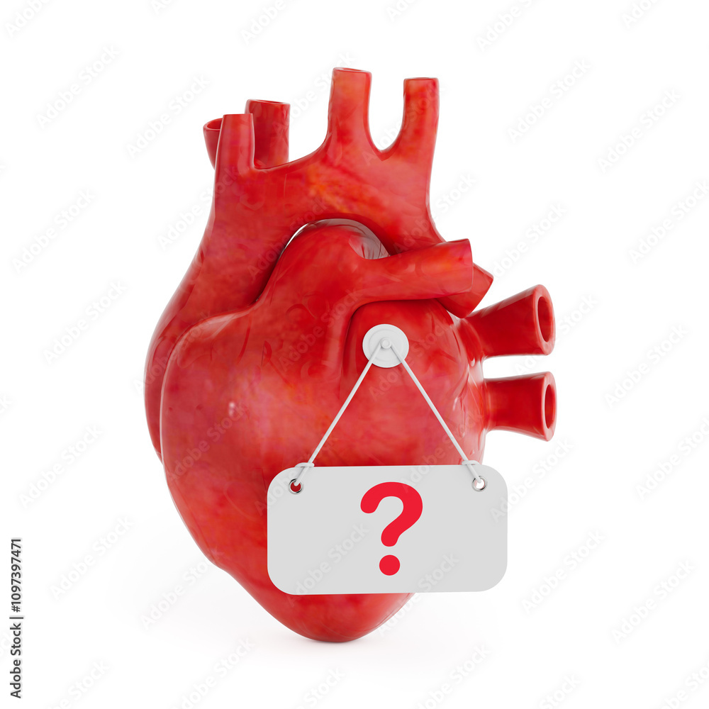 Poster human heart anatomy internal organ with question mark sign. 3d rendering