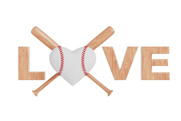 Baseball Love Concept. Baseball Ball in Shape of Heart and Wooden Bats as Love Sign. 3d Rendering
