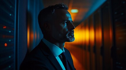 Man in a suit standing in a dimly lit server room with blue ambient lighting symbolizing professionalism business in technology and corporate IT solutions in a sleek modern setting