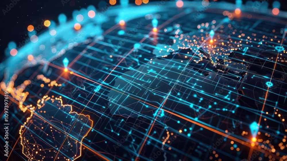 Poster digital representation of a global network with interconnected data points and geographic outlines.