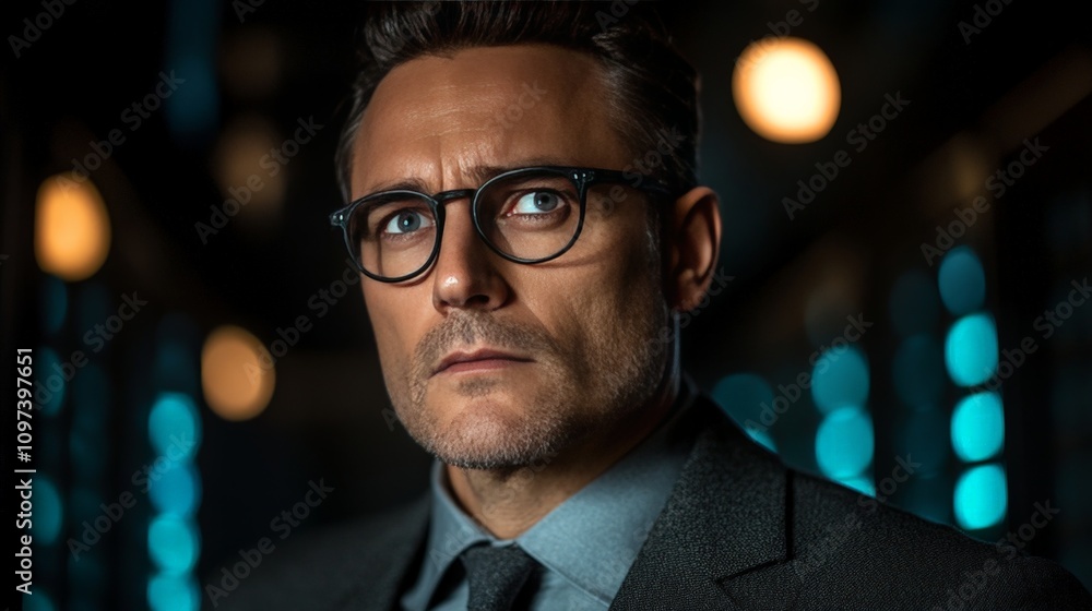 Poster confident man in a suit in a server room with glowing data streams symbolizing professionalism busin