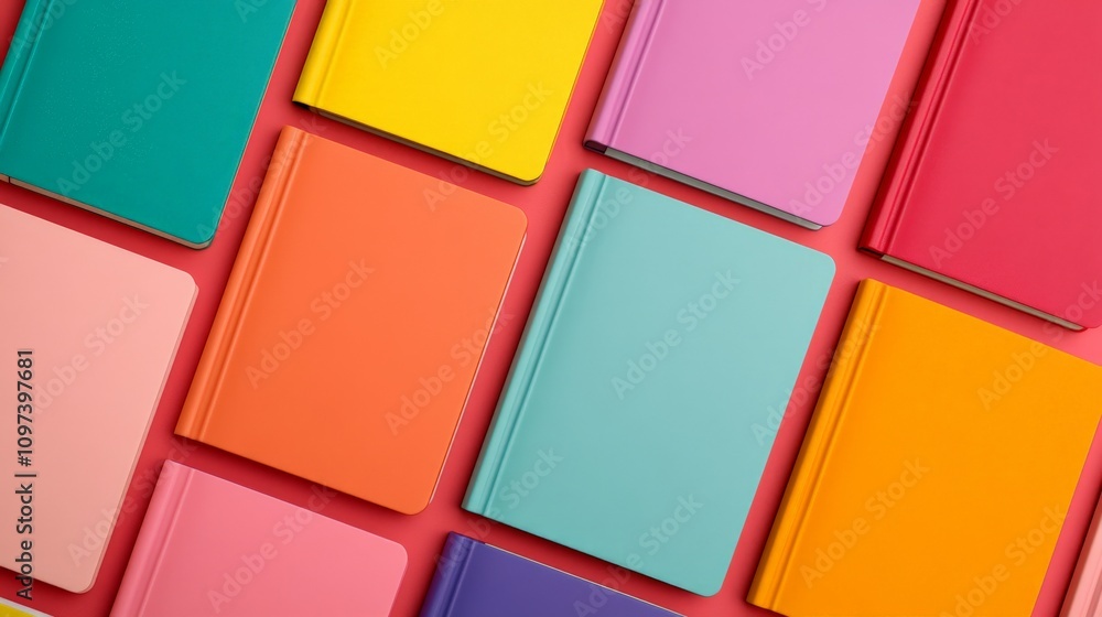 Poster colorful notebook stacks: a vibrant and playful arrangement of colorful notebooks, showcasing a spec