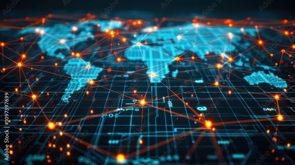 Poster a digital representation of a global network with interconnected nodes and lines.