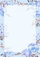 水彩の青い薔薇の背景　四角フレーム付き