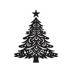 Christmas tree logo vector illustration template. Simple abstract icon black and white hand draw with snow