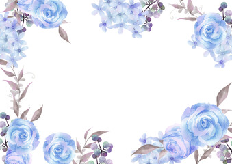水彩の青い薔薇とお花のフレーム　白背景