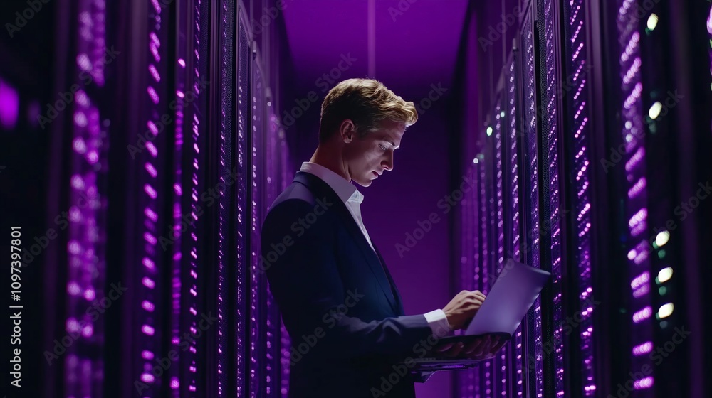 Poster man in a suit standing in a magenta lit server aisle holding a clipboard symbolizing professionalism