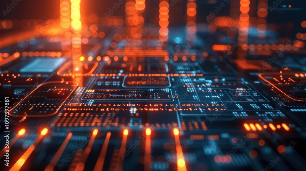 Poster abstract digital circuit board with glowing orange lights and intricate patterns.