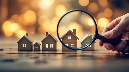Hand holding magnifying glass and looking at house model, house selection, real estate concept.