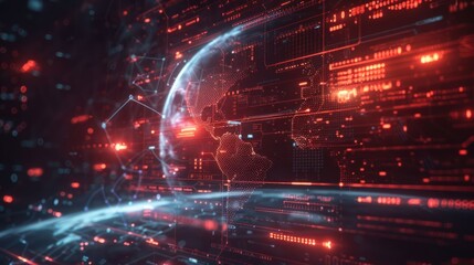 A digital representation of a global network with data visualization elements.