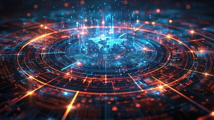 Obraz premium A futuristic digital landscape with glowing data streams and circular patterns.