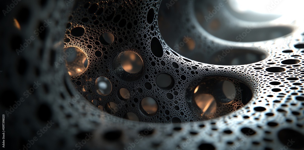 Poster A close-up view of a complex, organic structure with holes and intricate patterns.